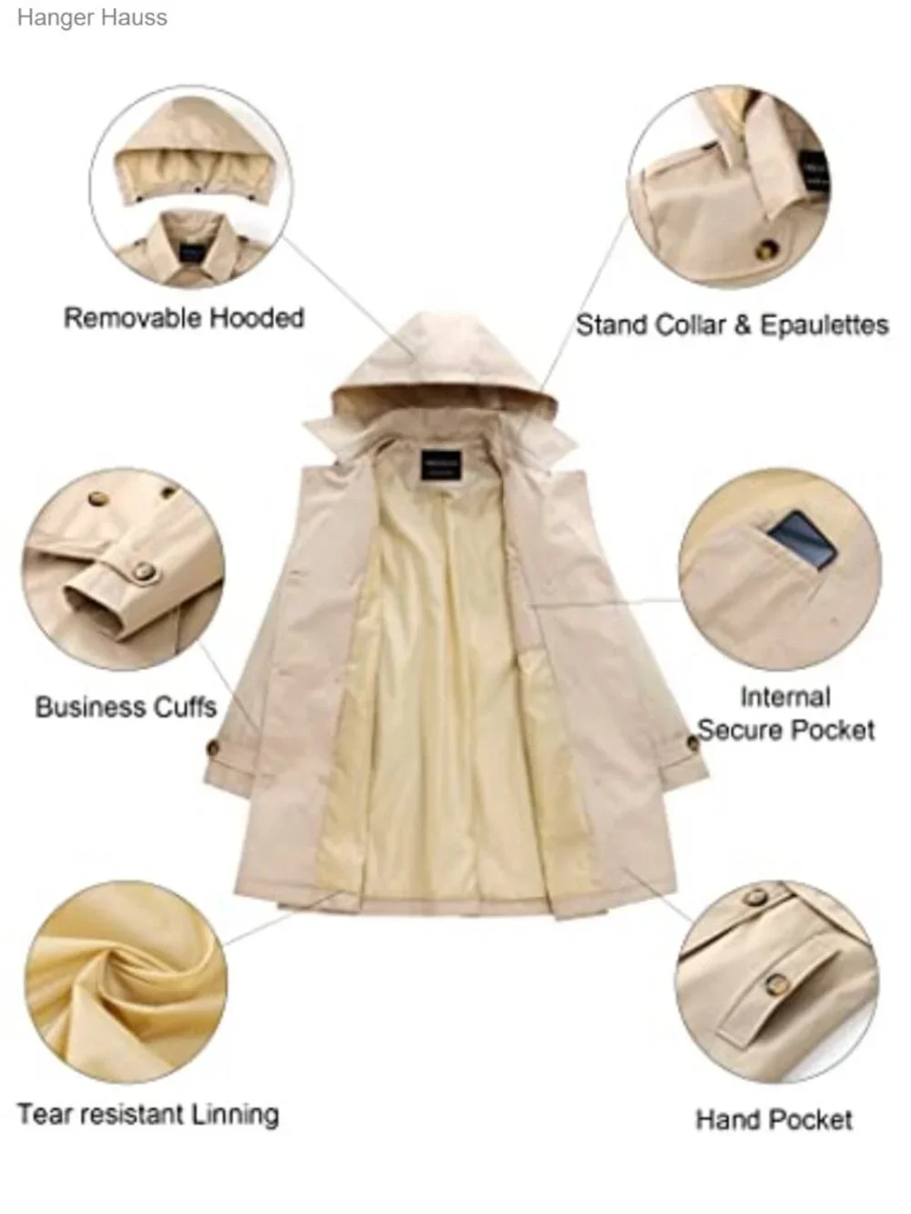 Double-Breasted Trench Coat Detachable Hood Belted Water-Resistant Windproof